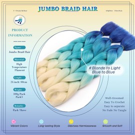 Ombre Braiding Hair 24 Inch Synthetic Hair Extensions for Braiding 3Pack/Lot Pre Stretched High Temperature Crochet Braiding Hair (#C24 Blonde to Blue)