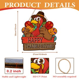Pigort Happy Thanksgiving Wooden Sign Thanksgiving Turkey Door Decorations with Turkey Holds Farmhouse Wood Door Hanger for Autumn Harvest Holiday Home Office Window