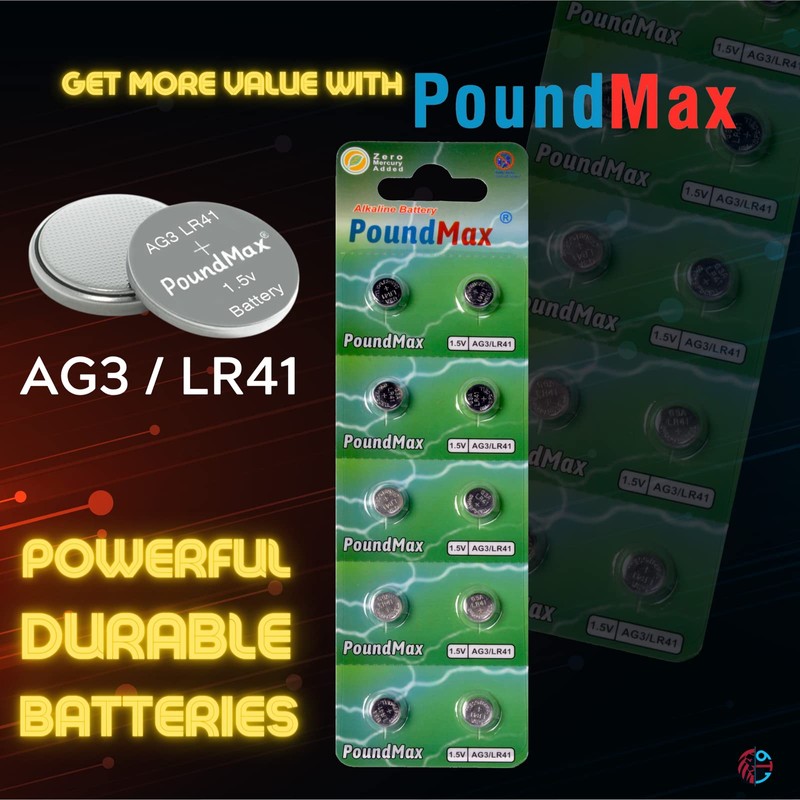 PoundMax AG3 LR41 Batteries 1.5v Alkaline Button Cell Battery -