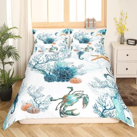 Ocean Duvet Cover Single Sea Marine Bedding Set, Watercolor Animal Comforter Cover Sea Horse Crab Bed Set, Starfish Coral Bedding Kids Underwater Theme Bedroom Decor 2pcs (No Comforter)
