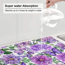 Tapete de secado de platos con diseño floral de mariposa, morado, violeta, para mostrador de cocina, microfibra, absorbente, reutilizable, lavable, extragrande, 18 x 24 pulgadas