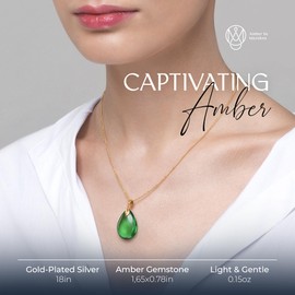 Amber by Mazukna - Green Amber Pendant, Necklace with Natural Amber Drop Pendant in Green, Gold-Plated Sterling Silver ag925, 45 cm Long Chain, Green Amber Jewellery for Women, Sterling Silver, Amber