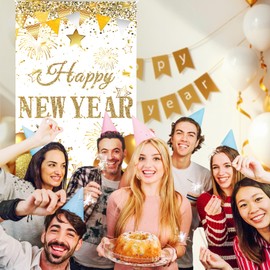 Happy New Year Door Banner Decorations 73x36 Inch New Year Eve Party Decorations 2025 White Gold Happy New Year Front Door Cover Porch Hanging Sign for New Year Holiday Indoor Outdoor Party Supplies