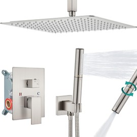 Aolemi Ceiling Mount Shower System with Rainfall Shower Head and Handheld,High Pressure Shower Faucet Set Fixture Combo with 2 in 1 Handheld Spray Rough-in Valve,16 Inch Shower Head Brushed Nickel