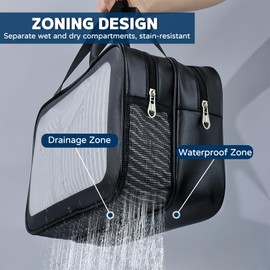 Large Clear Wash Bag, Dry Wet Segregation Toiletry Bag with Mesh Portable Makeup Bag PVC Waterproof Cosmetic Bag for Women (Medium-Black)