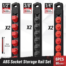 Reniteco Magnetic Socket Organizer, 6-Piece Heavty Duty ABS Socket Holder, Socket Rail for Tool Box, Premium Quality 360° Swivel Socket Rack with 80 Clips for 1/2, 3/8, 1/4-Inch(Red&Black)