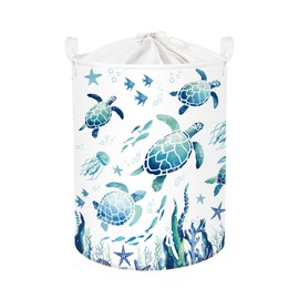 Sea Animals Laundry Hamper Ocean Fish Coral Large Storage Basket Parents Organizer Kids Clothes Toy Bins for Bedroom, Bathroom, Blue Turtles, 63L