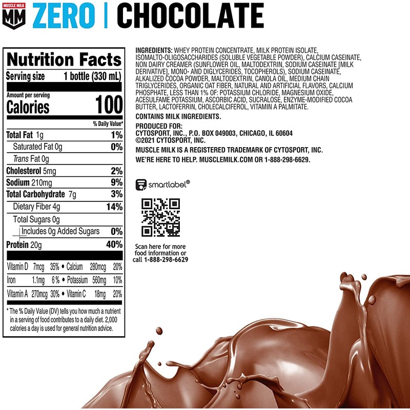 Muscle Milk Zero Protein Shake, Chocolate,20g Protein, Zero Sugar, 100