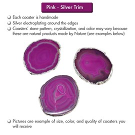 Nature's Decorations - Premium Pink Agate Coasters with Silver Edge - Set of 4 Non-Skid Coasters Made with Stone - Irregular Shaped Coasters Perfect Home Decor and Gifting