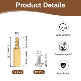 PATIKIL 12 Set M3 Hex Standoffs Brass, M3 x 14mm + 8mm Studs Male to Female Motherboard Standoffs Spacers Pillars, Gold, with Screw