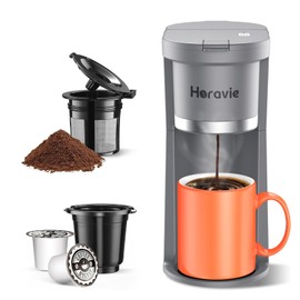 Horavie Small Single Serve Coffee Maker, Fast Brew One Cup Coffee Machine for K Cup and Grounds, 6 to 12 oz. Brew Sizes, Capsule Coffee Machine with Descaling Reminder and Viewing Tank, Grey