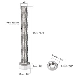 TOP-VIGOR 6Pcs M8 x 60mm Hex Head Screws Bolts, Nuts, Flat & Lock Washers Kits, 304 Stainless Steel Fully Thread Hexagon Bolts for DIY Bike Motorcycles Repair