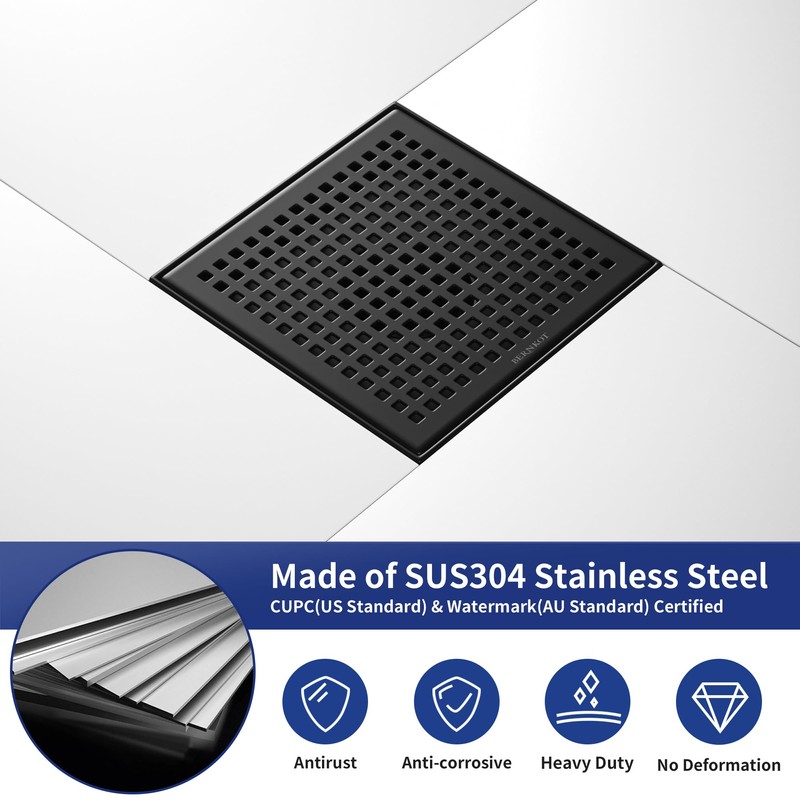 Bernkot Square Shower Drain 8", 304 Stainless Steel Floor Drain