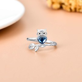 AOBOCO Sterling Silver Midnight Owl Ring - Animal Bird Jewelry Gift for Women, Made With Austrian Crystal