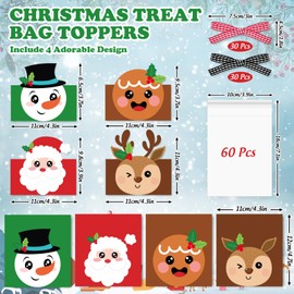 Whaline 180 Pcs Christmas Self-Adhesive Goody Bag with Topper Bow Snowman Santa Elk Gingerbread Candy Cello Bag Plastic Xmas Favor Treat Bag for Winter Party Wrapping