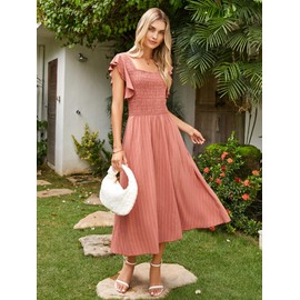 Miessial Womens Ruffle Short Sleeve Summer Midi Dress Casual Square Neck A Line Boho Flowy Smcoked Dresses with Pockets Rust,XL