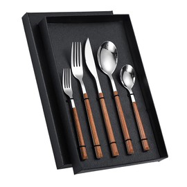 Juego de Cubiertos, Diseño Ergonómico Cuchillos de Acero Inoxidable de Alta Dureza Tenedores Cucharas Cubiertos Juego de Servir 5 Piezas para Restaurante (Mango de grano de .)