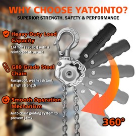 YATOINTO 1/4 Ton Small Chain Hoist 550Lbs Capacity, Chain Come Along 10ft Lift, Lightweight Aluminum Alloy, High-Strength Steel Chain, Manual Lever Chain Hoist Safe & Durable for Heavy Duty Lifting