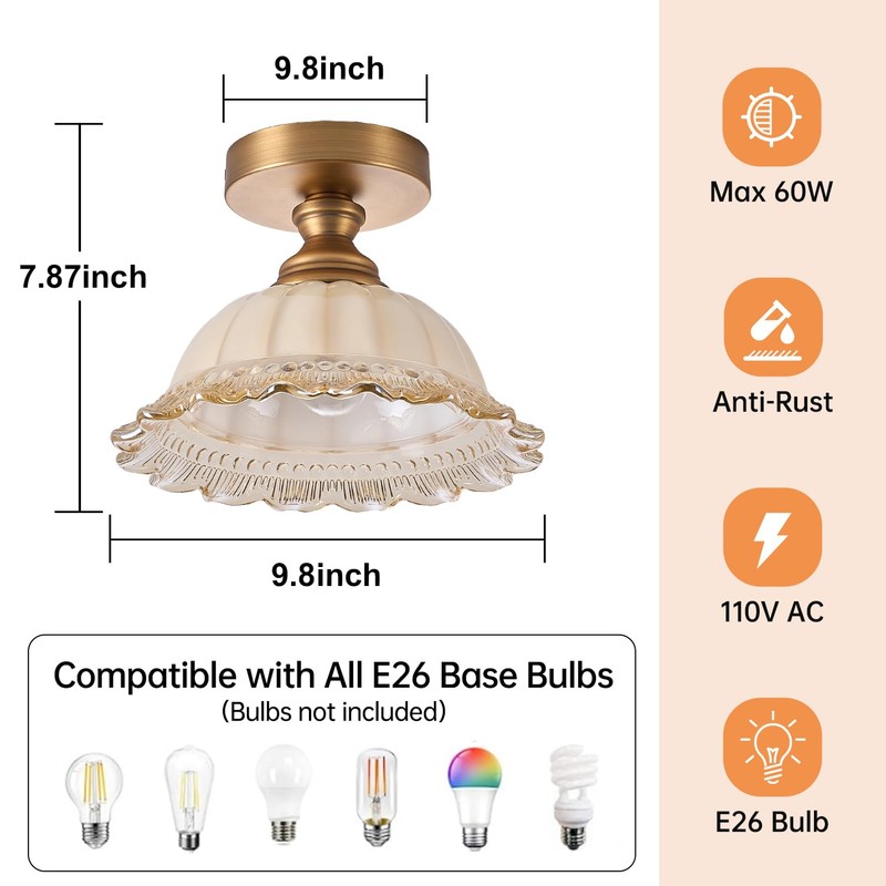 JFZANMUA 1 Light Brass Ceiling Light Fixture Vintage Close to