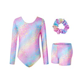 JiAmy Leotards for Girls Gymnastics, Long Sleeve Sparkly Dance Biketards with Shorts Ballet Tumbling Outfit Leopard Pink 6-7 years