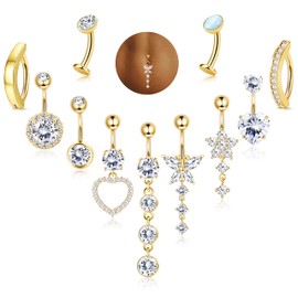 LOLIAS 11PCS Gold Belly Button Rings Dangle Stainless Steel Belly Rings for Women 14G Hypoallergenic CZ Clicker Floating Navel Belly Button Piercing Gold