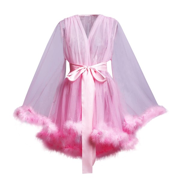 BPURB Women's Tulle Robe with Feather Photoshoot Bathrobe Illusion Wedding