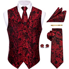 YourTies Black Red Waistcoat for Men Silk Jacquard Paisley Vest Necktie Pocket Square Cufflinks Party Wedding Formal