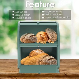 Pitmoly Stainless Steel Bread Box, 2 Layer Roll Top Bread Boxes, Large Capacity Food Storage Container for Kitchen Counter, Metal Bread Bin, Bread Holder for Countertop 11.8" x 9.6" x 12.8" (Green)