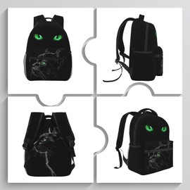 Mtsouya Black Cat Backpack with Green Eyes Trendy Water Resistant Daypack Lightweight School Bag for Teens Fashionable Travel Rucksack Animal Print Backpack for Cat Lovers