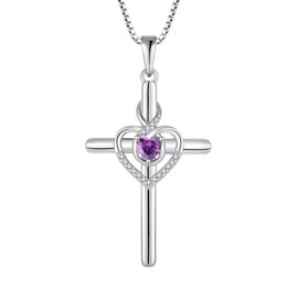 Inpasne Heart Cross Necklace for Women 925 Sterling Silver Infinity Cross Pendant Amethyst Necklace February Birthstone Jewelry Gift for Women Her Mom Wife Daughter