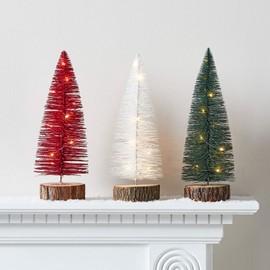 Lights4fun Set of 3 Festive Colours Artificial Light Up LED Bottle Brush Mini Christmas Trees Wooden Base Indoor Decoration