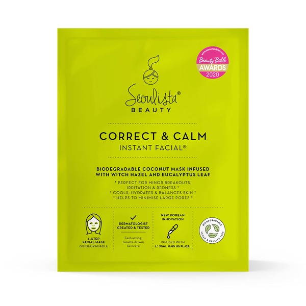Seoulista Beauty® Correct & Calm Instant Facial™ 25ml | Soothing Face Sheet Mask For Oily and Combination Skin | Dermatologist Created Korean Skin Care | Infused with Witch Hazel Eucalyptus Leaf