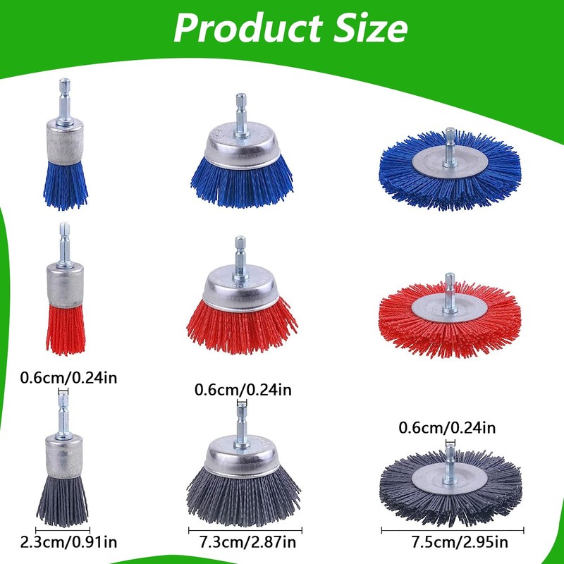 9 Pieces Grinding Attachment for Drill, Nylon Brush with 1/4