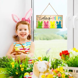 JUESMOS Easter Bunny Welcome Peeps Door Signs - Easter Decor Signs - Rectangular PVC Board Door Mount Sign - Multicolor - 6x12 inches