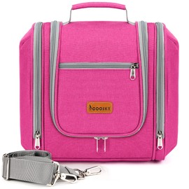 COOSKY Hanging Travel Toiletry Bag for Women and Men, 6 Organizer Compartments, Extra Large Toiletries Bag, Bathroom Cosmetic Bag, Water-resistant Makeup Bag, Holds Full-Size Shampoo, Rose Red