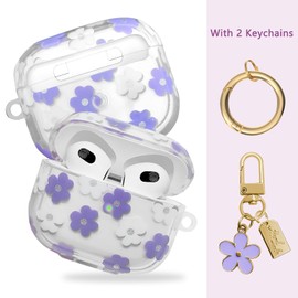 AIIEKZ Compatible with AirPods 3 Case Cover 2021, Soft TPU Case with Cute Flower Pattern for AirPods 3rd Generation Case with Flower Keychain and Carabiner for Girls Women (Purple)