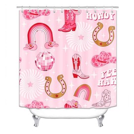 Camille&Andrew 4PCS Cowgirl Shower Curtain Set, Groovy Funky Disco Horseshoe Cowboy Hat Boots Wild West Western Bathroom Decor, Waterproof Fabric Pink Shower Curtain, Non-Slip Bath Mat Toilet Rug
