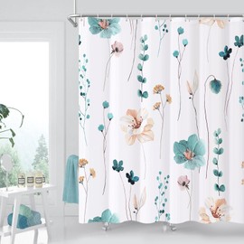 XZTXBest Watercolor Floral Shower Curtain Set,Teal Beige Flower Shower Curtain for Bathroom,Modern Minimalist White Bath Curtain, Waterproof Fabric with 12 Hooks 72x72 Inches