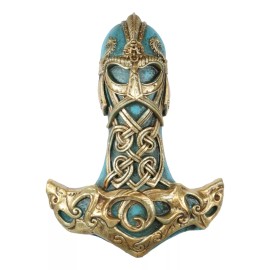 Ebros Turquoise Gold Colored Thor Hammer Viking God Thor's Mjolnir Wall Decor