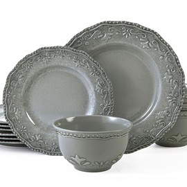 TP 12-Piece Dinnerware Set, Melamine Dishes Set with Bowls and Plates, Non-breakable and Lightweight Dinner Service for 4, Grey