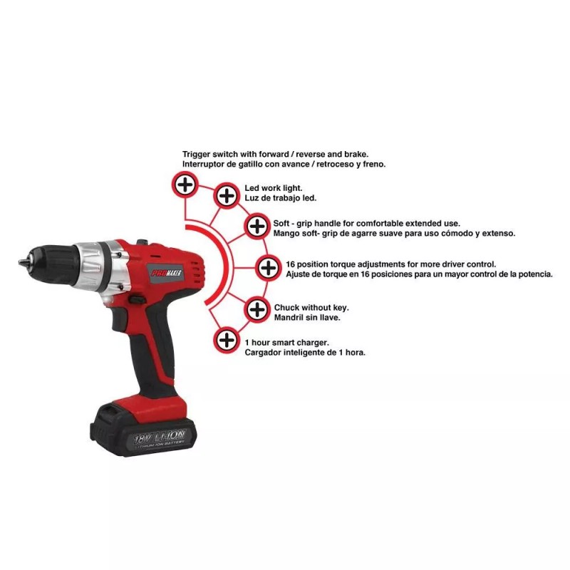Promaker Cordeless Drill Driver 18.0V LI-ION PRO-TI18.2Batt