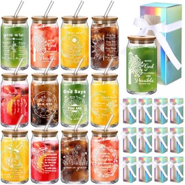 Layhit 12 Set Employee Appreciation Gifts Thank You Gifts for Staff Coworker Thank You Glass Cups 16 oz Can Shaped Beer Glass with Lids Straws Brushes Gift Boxes Ribbon for Team Women Men (Christian)