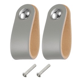 sourcing map 2 Packs Leather Drawer Pulls, Single Hole Leather Drawer Knobs Furniture Dresser Handles Pulls with Screws for Dressers Drawers Closet Kitchen Cupboard, Grey/Silver