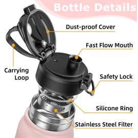 OLDLEY 600ml/20oz Stainless Steel Water Bottle Double Walled Vacuum Flask Keeps Drink Hot and Cold Leakproof BPA Free 600ML Metal Insulated Water Bottle for Sport School Work Outdoor Hiking (Pink)