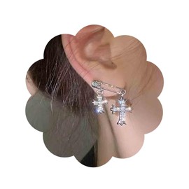 Inateannal Vintage Crystal Cross Drop Earrings Rhinestone Cross Stud Earrings Silver Paper Clip Earrings Sparkling CZ Crucifix Earrings Jewellery for Women and Girls, Zinc, No Gemstone