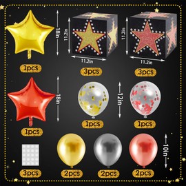 LaRandom 14 Pack Large Movie Night Party Decorations Boxes with LED, 11 Inch Large Red Carpet Decor Boxes Red Black Gold Balloons with Jumbo Star Sequined Balloons for Movie Theater Party Decorations