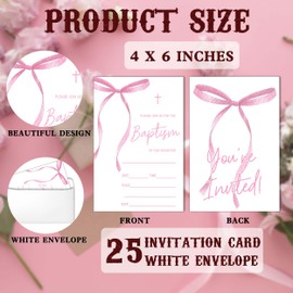 Girls Baptism Invitation with Envelopes, 25 Pack Pink Bow Baptism Invitation Card for Girls, 4x6 ''Christening Invite, Fill In Religious Celebration Baptismal Mass Reception Lunch Brunch Party-DX26