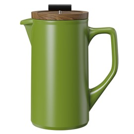 DHPO Ceramic French Press Coffee Maker, 22oz Single Serve Coffee Press with Walnut Wood Lid, Lead-Free, Food Grade Stainless Steel Filter with Dual Screen for Coffee and Loose Tea, Green