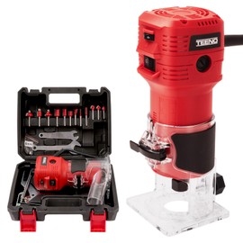 TEENO Wood Router, 650W Compact Router Tool for Woodworking, Hand Wood Trimmer with 12Pcs 1/4" Bits Set, 6 Speeds, Edge & Roller Guide, Portable Tool Box, Dust Hood