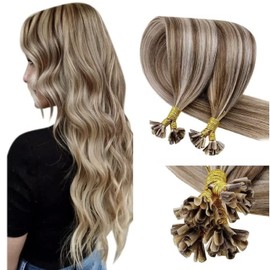LaaVoo Real Hair Bonded Extensions, Keratin, Brown, Highlighted, 1 g/Strand, 50 Strands, U-Tips, Remy Hair, Hot Fusion Extensions, #P8/24, 50 g, 60 cm